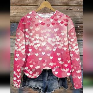 Gradient Red Pink Long-Sleeved Top with White Hearts Valentines Day Sz 16